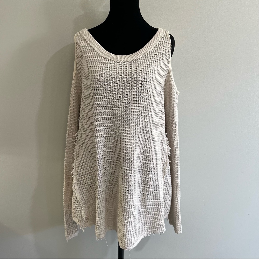 Free People Cream Ivory Off-Shoulder Raw Hem Cotton Women's Waffle Knit Sweater - Picture 3 of 12